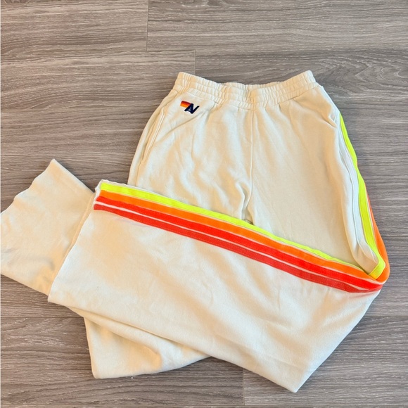 SOLD Aviator Nation: 5 STRIPE HOODIE & WIDE LEG SWEATPANTS -VINTAGE WHITE NEON - Picture 4 of 10